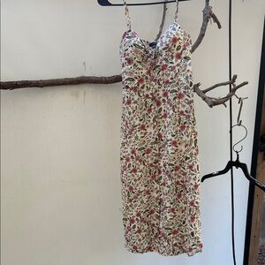As U Wish Cream Floral Spaghetti-Strap Midi Dress with Pink and Green